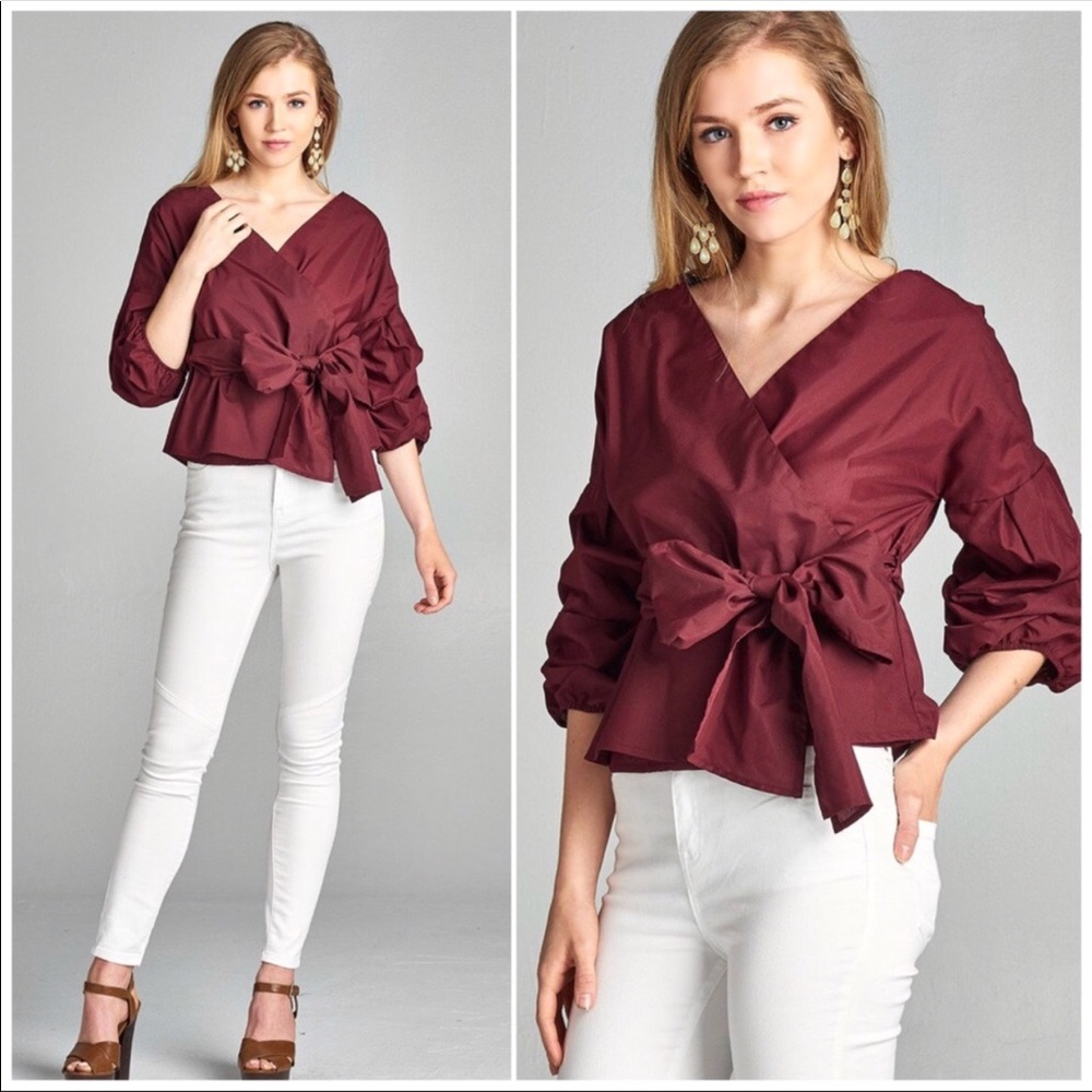 ❗️CLOSING SALE❗️Burgundy V Neck Waist Tie Top